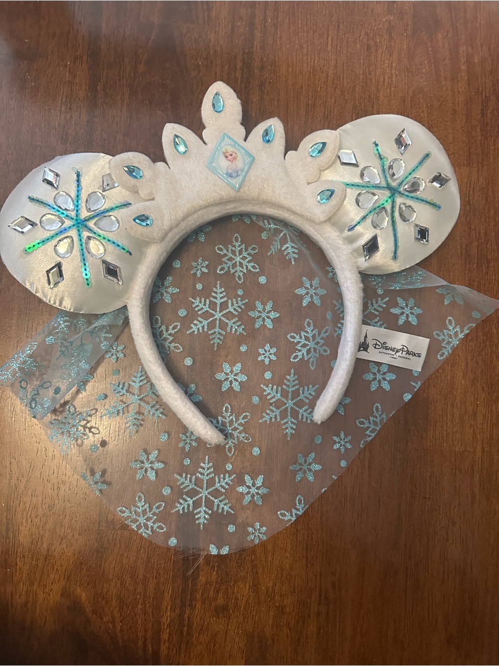 Disney White & Light Blue Snow Princess Ear Headband with Tulle Veil